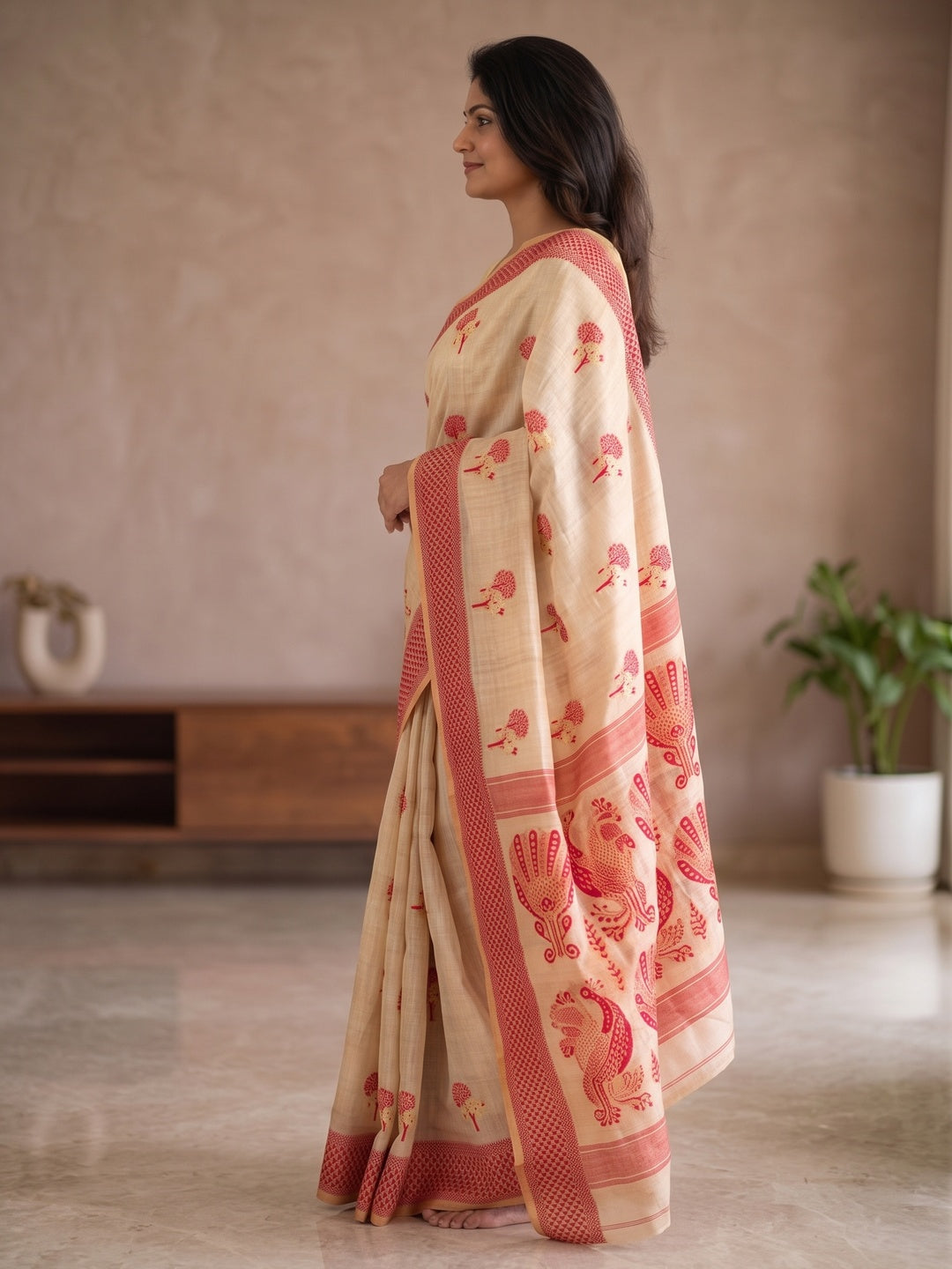 Peachmode Cream Cotton Blend Jamdani Woven Saree - Image 4