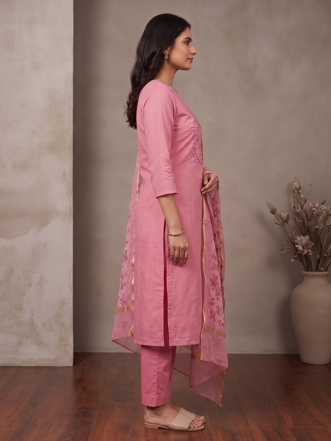 Peachmode Pink Floral Kota Doria Dress Material - Image 6