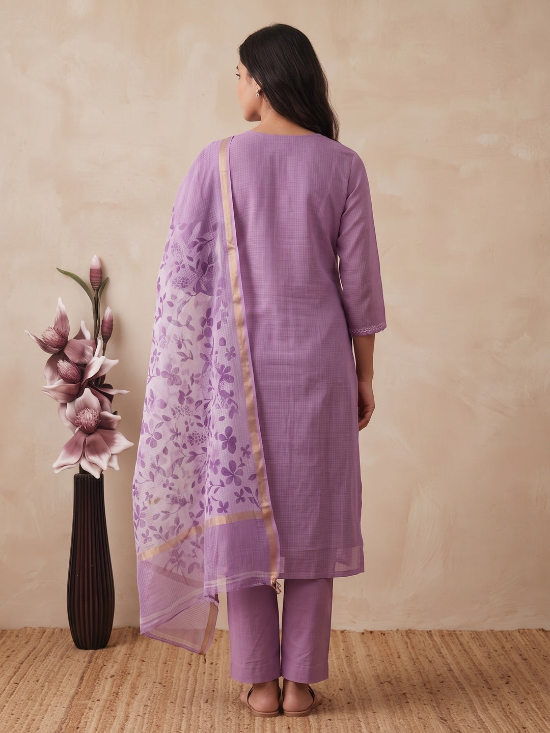 Peachmode Purple Floral Kota Doria Dress Material - Image 5