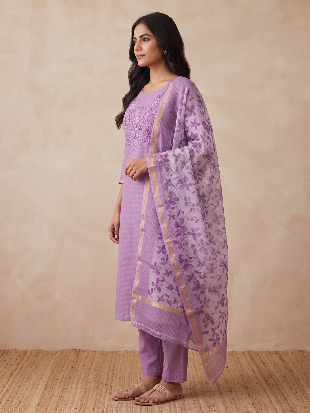 Peachmode Purple Floral Kota Doria Dress Material - Image 6