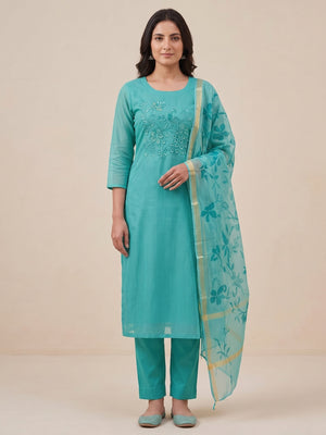 Peachmode Rama Green Floral Kota Doria Dress Material - Image 2