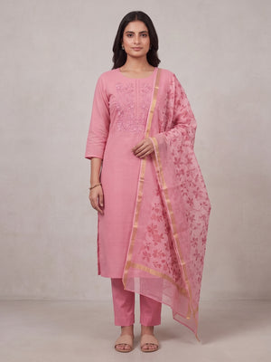 Peachmode Pink Floral Kota Doria Dress Material - Image 2