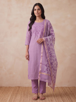 Peachmode Purple Floral Kota Doria Dress Material - Image 2