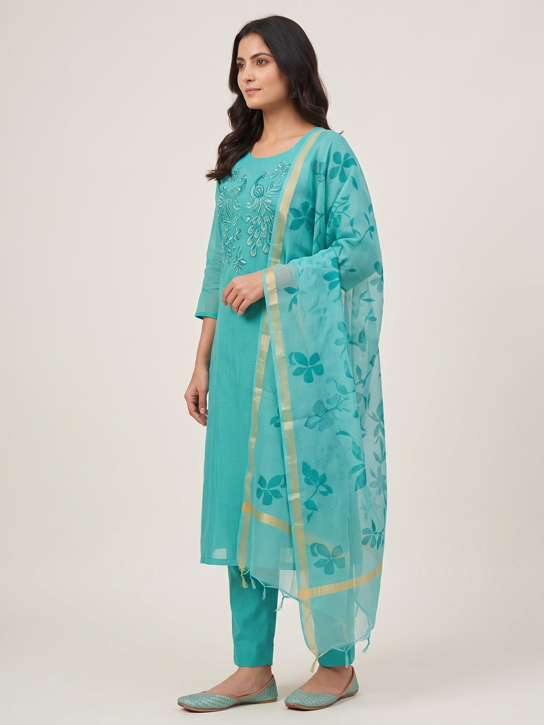 Peachmode Rama Green Floral Kota Doria Dress Material - Image 7