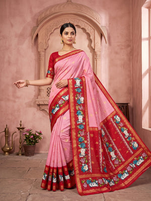 Peachmode Pink Cow Motif Border Art Silk Saree - Image 1