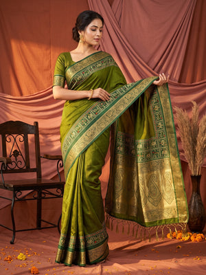 Peachmode Olive Green Patola Border Art Silk Saree - Image 1