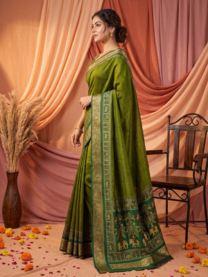 Peachmode Olive Green Patola Border Art Silk Saree - Image 2