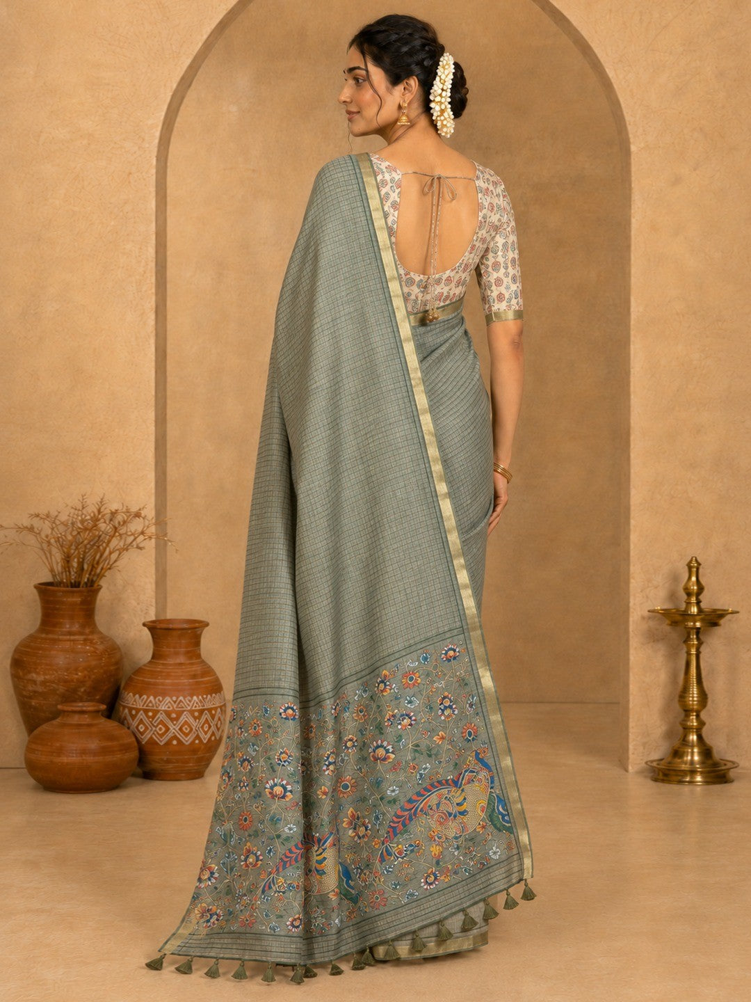 Peachmode Grey Linen Cotton Fancy Digital Print Saree - Image 4