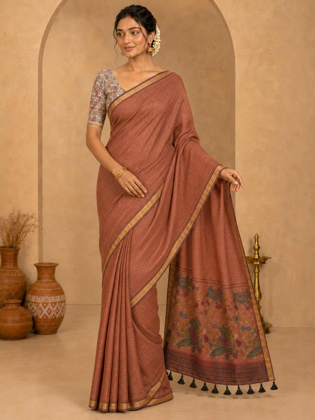 Peachmode Peach Linen Cotton Fancy Digital Print Saree - Image 1