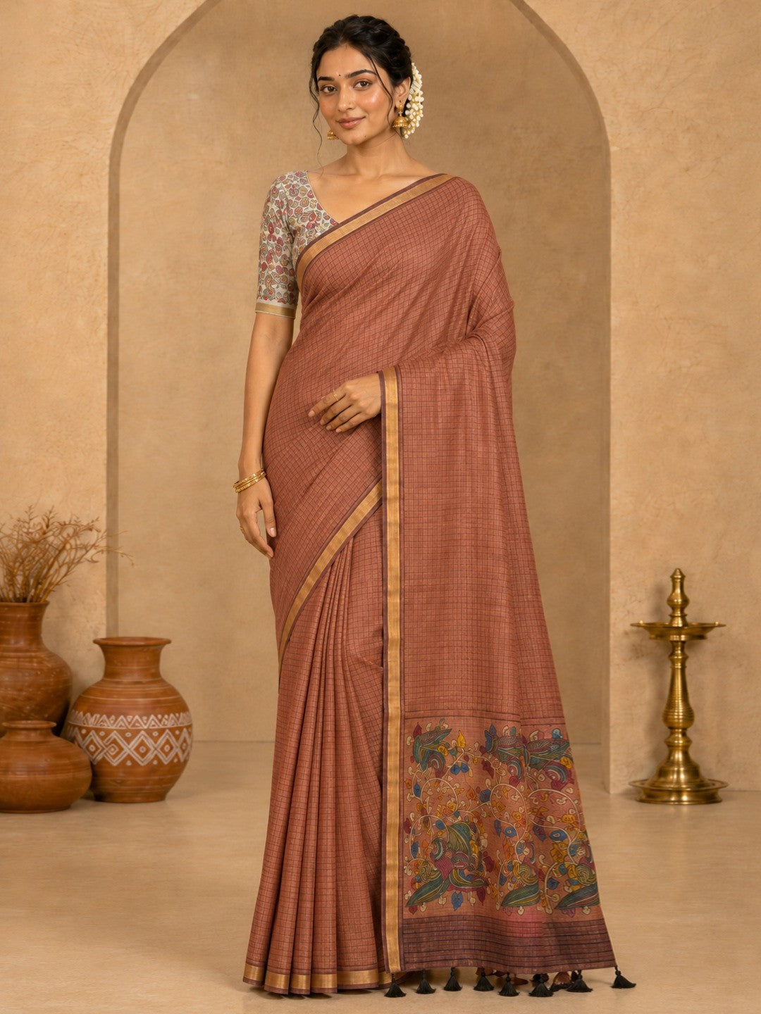 Peachmode Peach Linen Cotton Fancy Digital Print Saree - Image 2