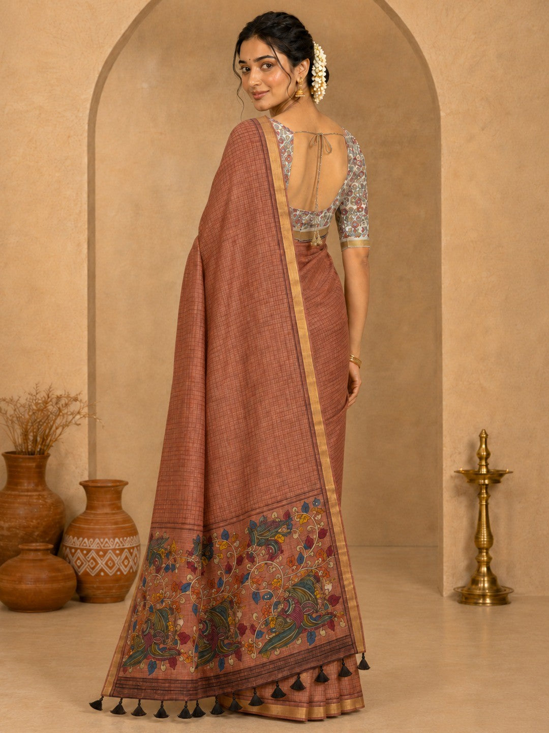 Peachmode Peach Linen Cotton Fancy Digital Print Saree - Image 4