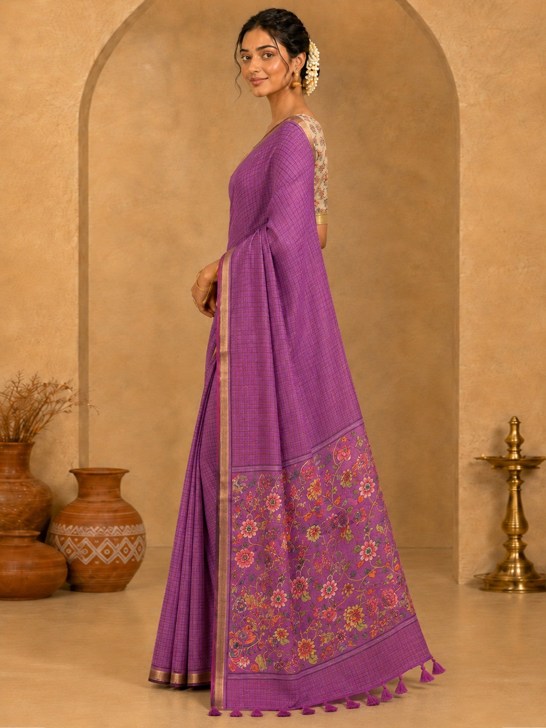 Peachmode Onion Linen Cotton Fancy Digital Print Saree - Image 2