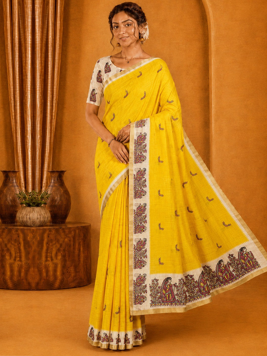Peachmode Yellow Linen Cotton Zari Bentex Border Saree - Image 3