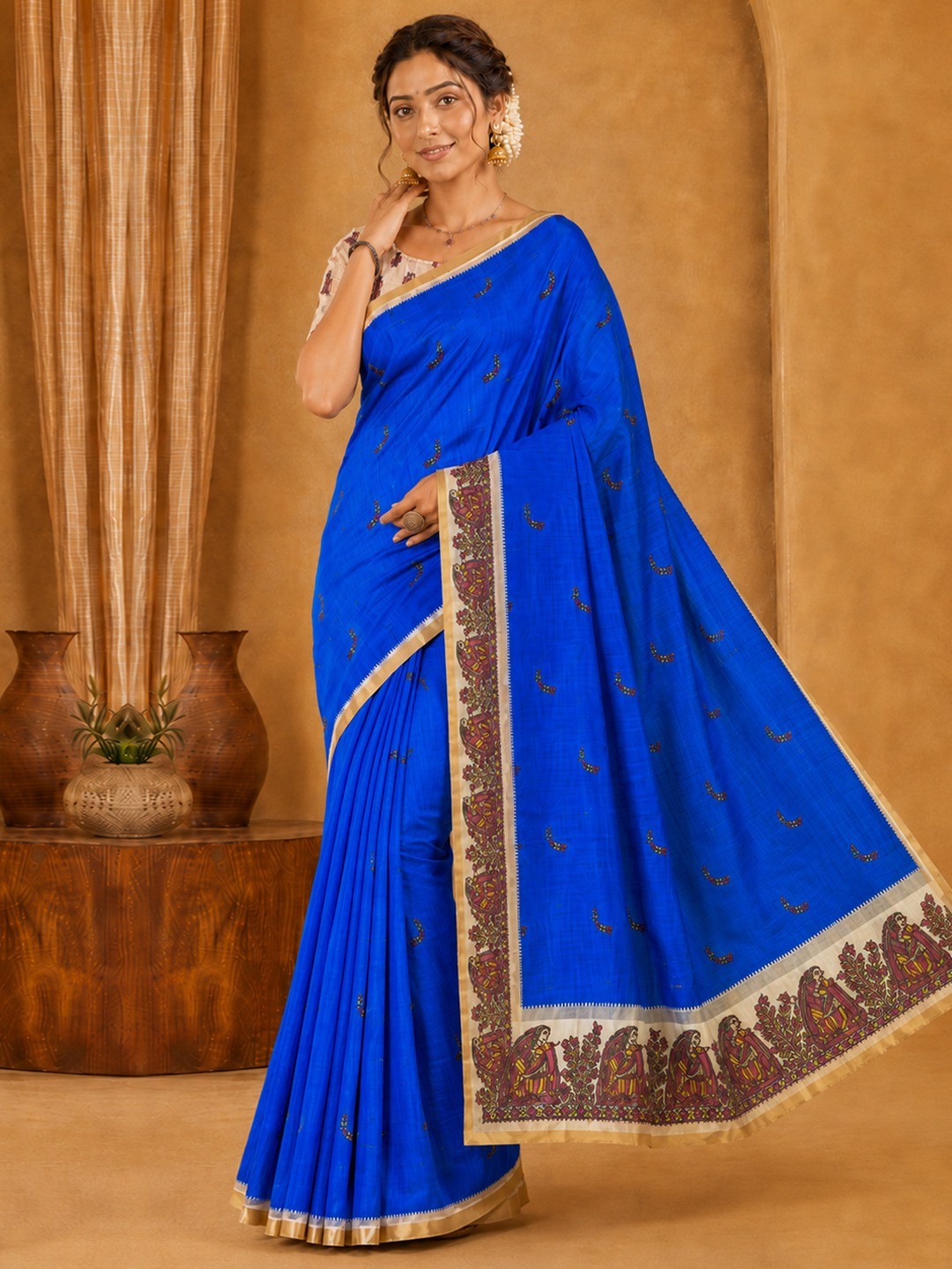 Peachmode Purple Linen Cotton Zari Bentex Border Saree - Image 1