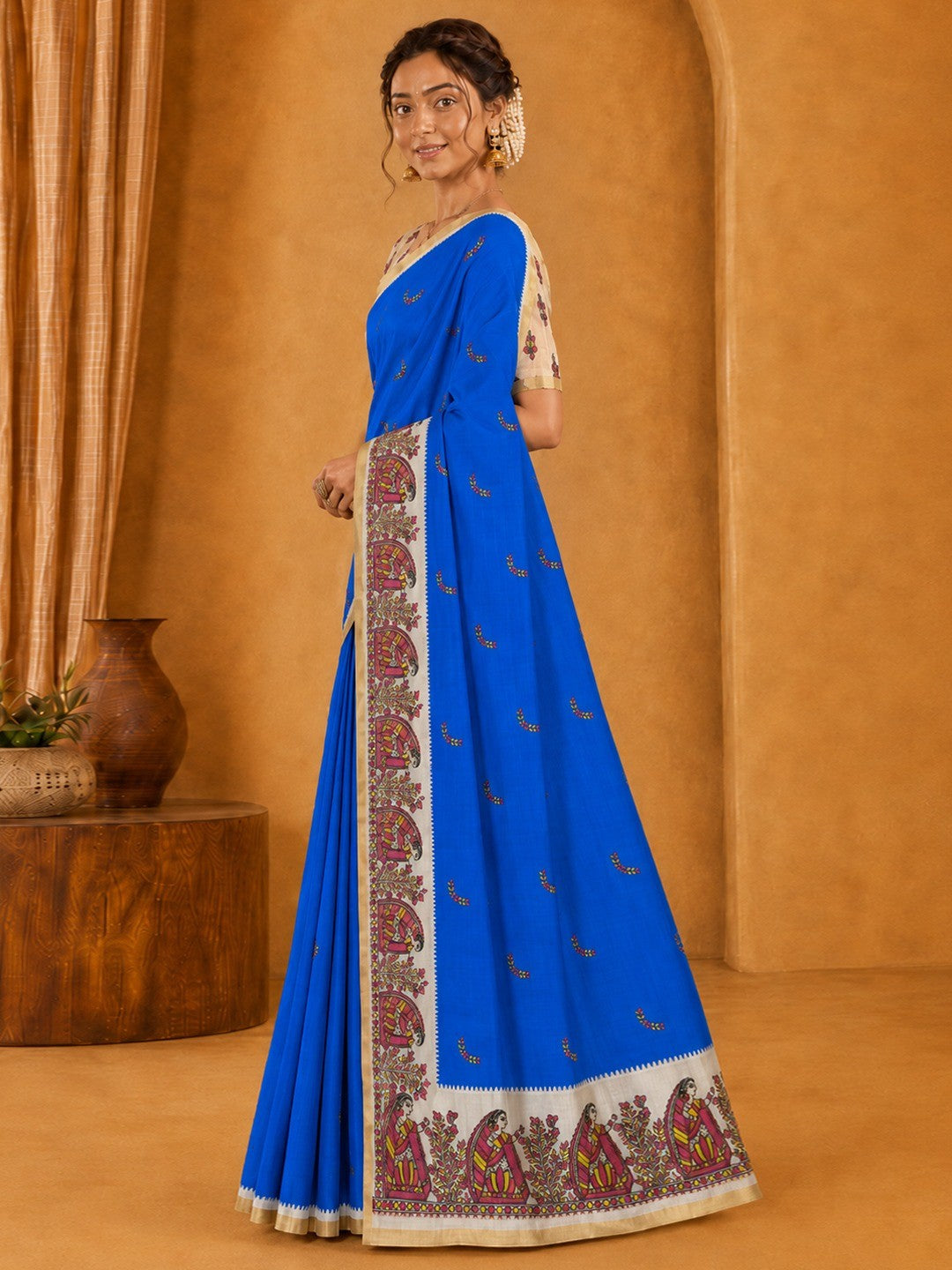 Peachmode Purple Linen Cotton Zari Bentex Border Saree - Image 3