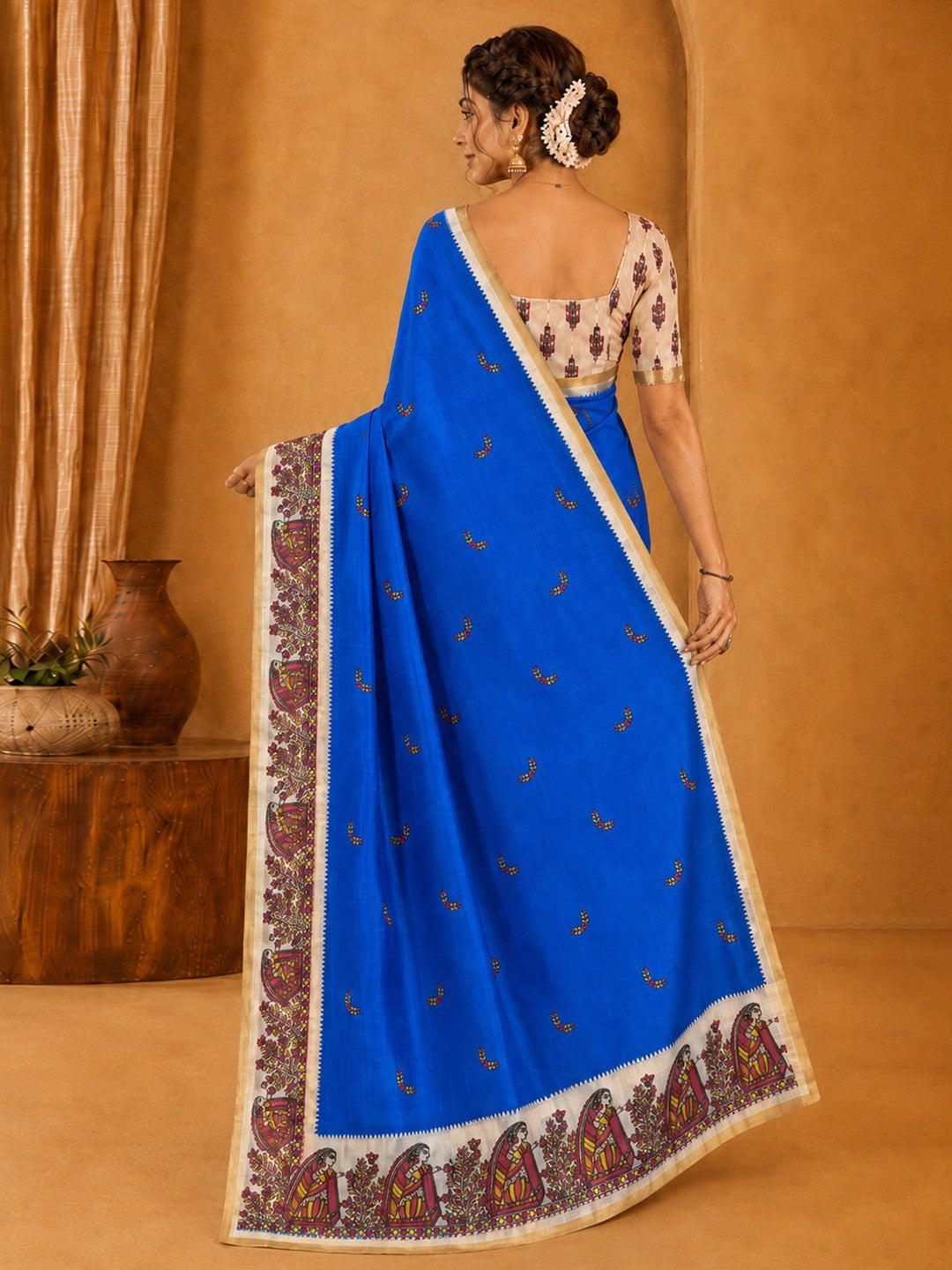 Peachmode Purple Linen Cotton Zari Bentex Border Saree - Image 4