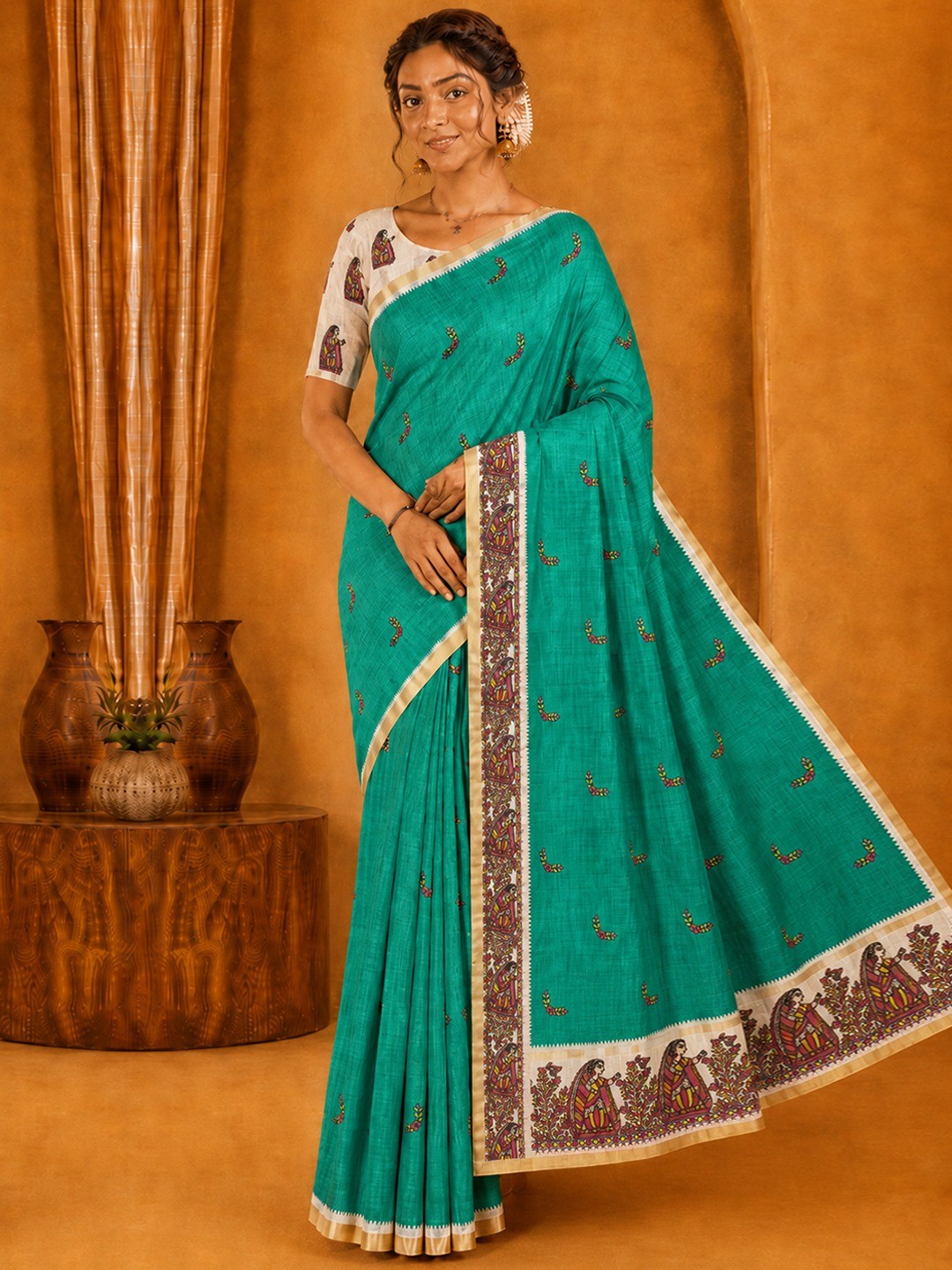 Peachmode Green Linen Cotton Zari Bentex Border Saree - Image 1