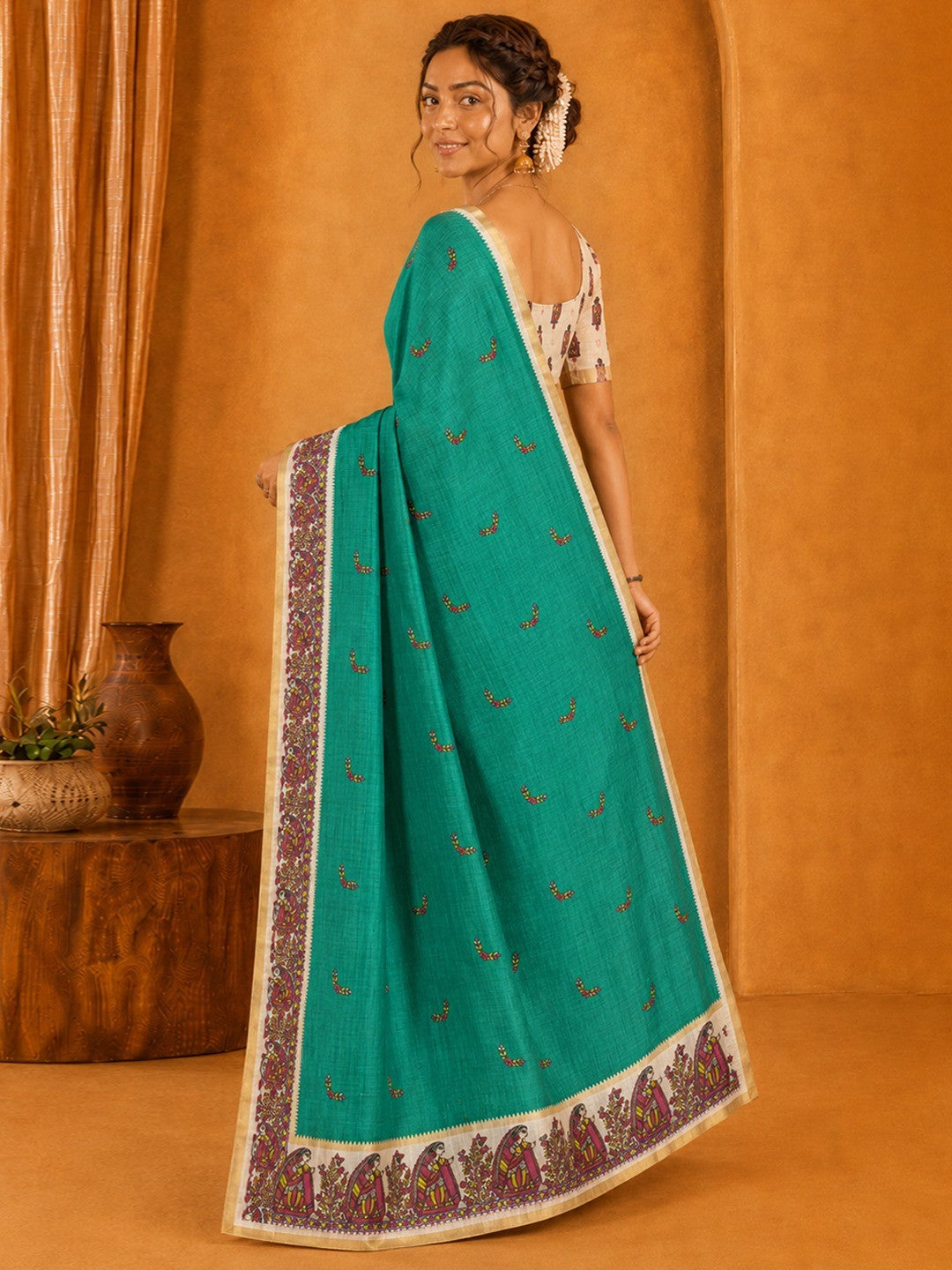 Peachmode Green Linen Cotton Zari Bentex Border Saree - Image 3