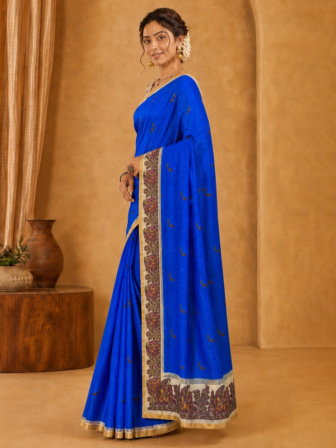 Peachmode Blue Linen Cotton Zari Bentex Border Saree - Image 3
