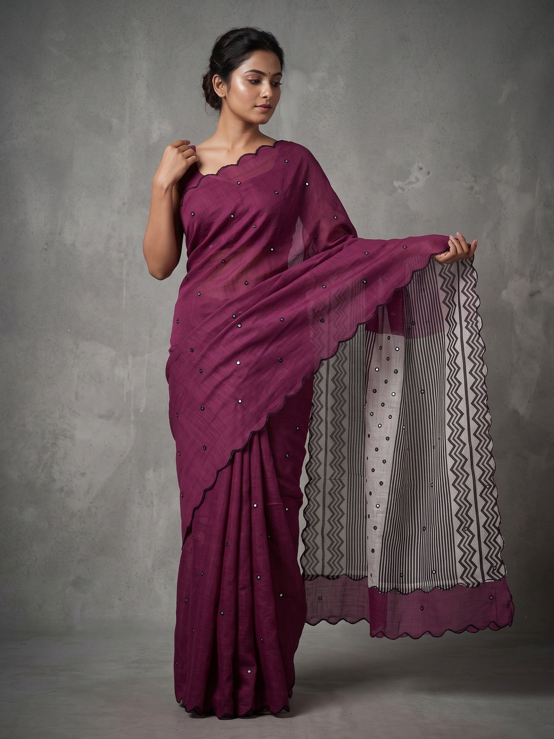 Wine Soft Linen Cotton Zigzag Mirror Work Saree - Image 1