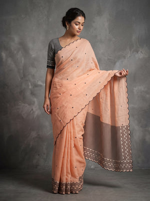 Peach Soft Linen Cotton Zigzag Mirror Work Saree - Image 1