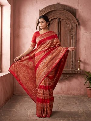 Peachmode Red Khadi Tissue Paithani Silk Saree - Image 1