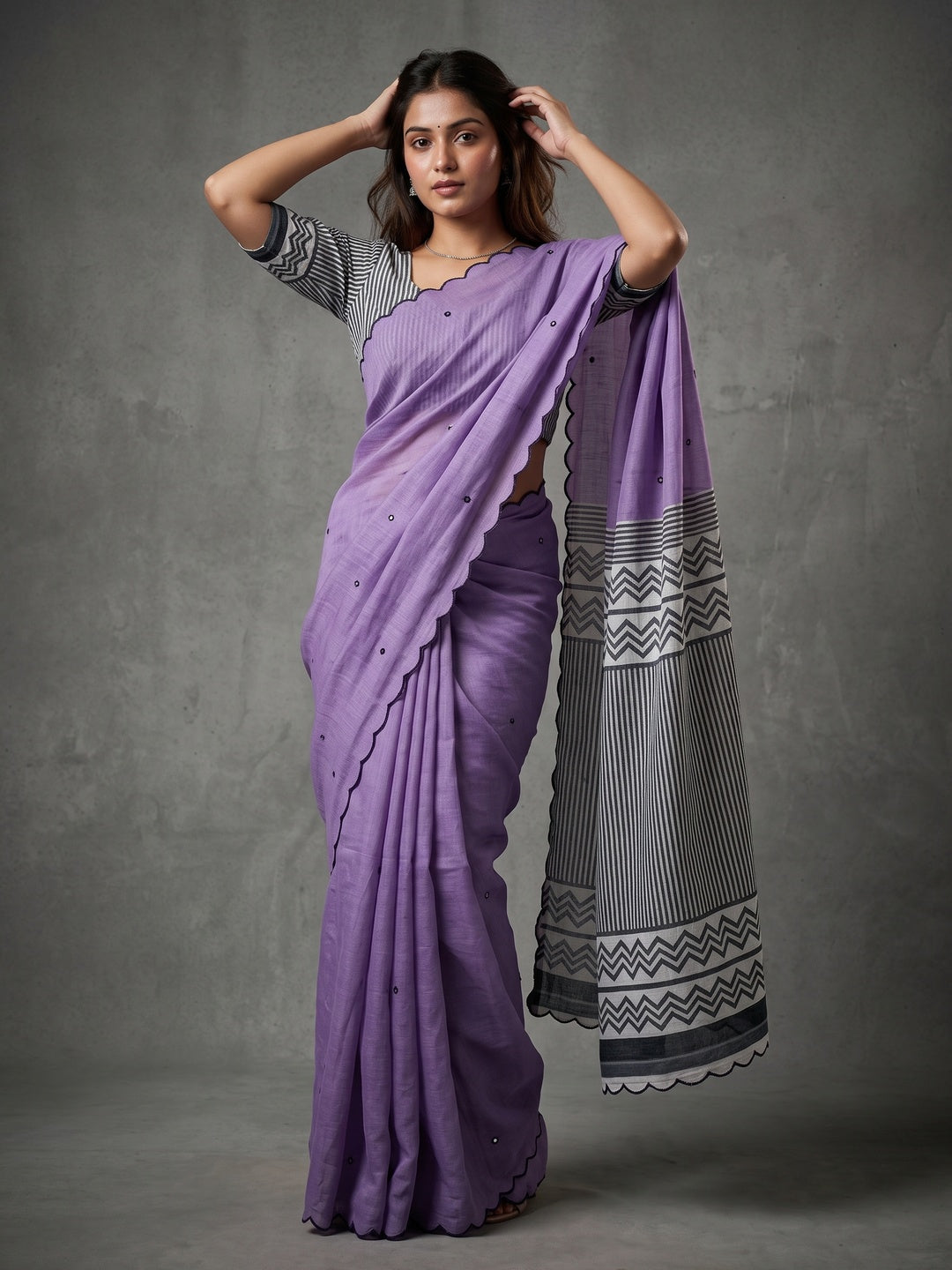 Lavender Soft Linen Cotton Zigzag Mirror Work Saree - Image 1