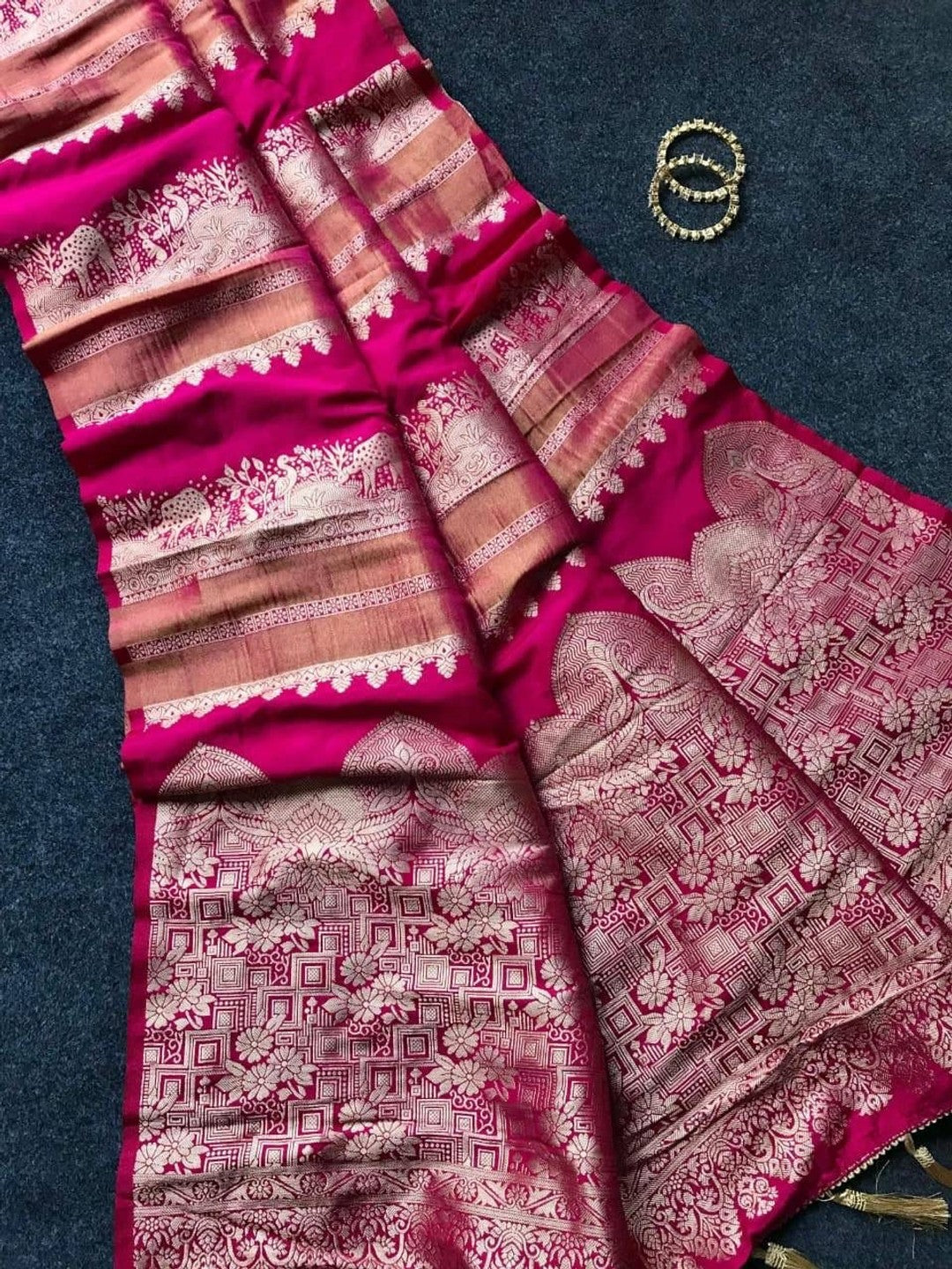 Peachmode Pink Khadi Tissue Paithani Silk Saree - Image 2