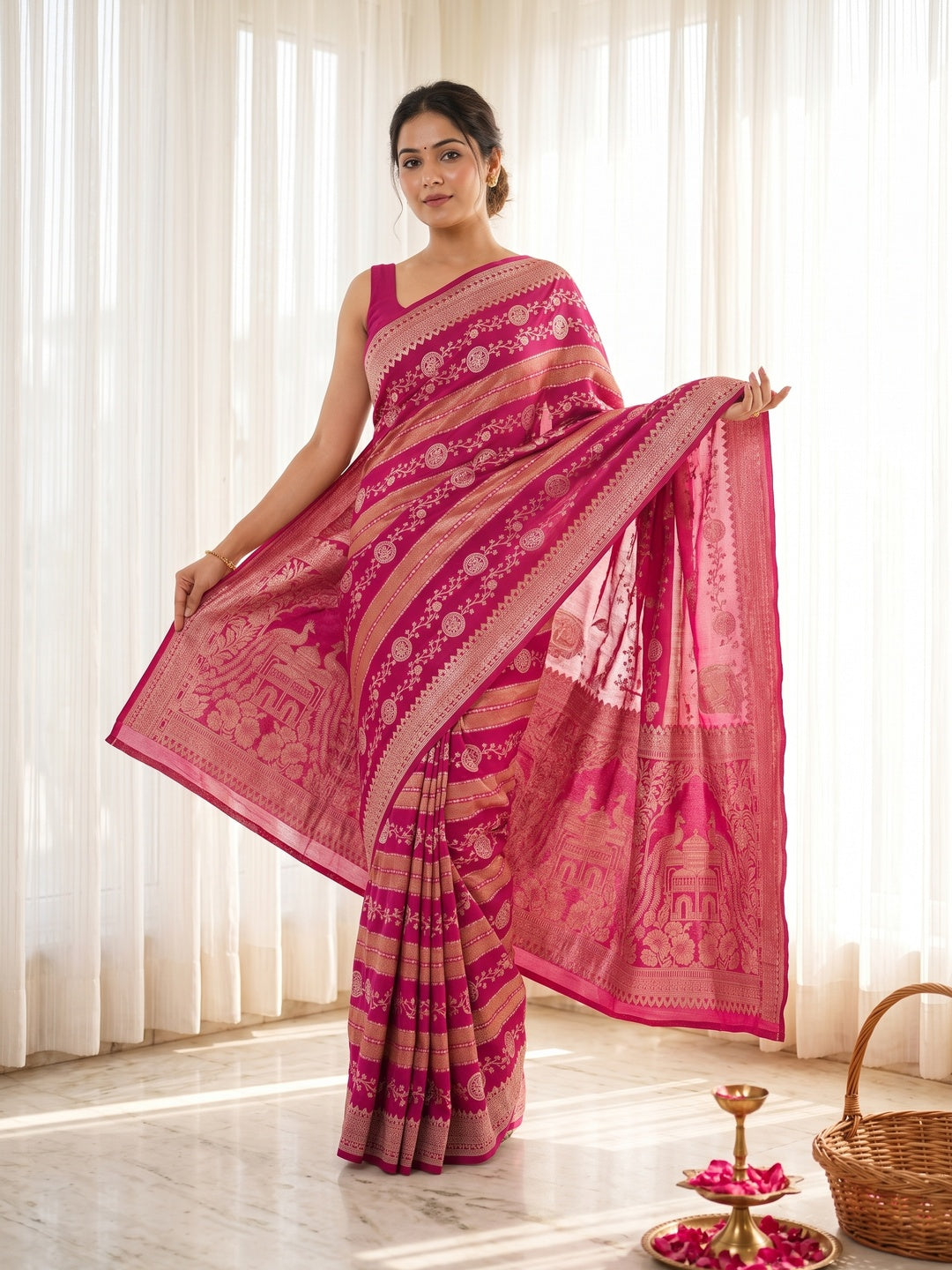 Peachmode Magenta Georgette Zari Woven Saree - Image 1