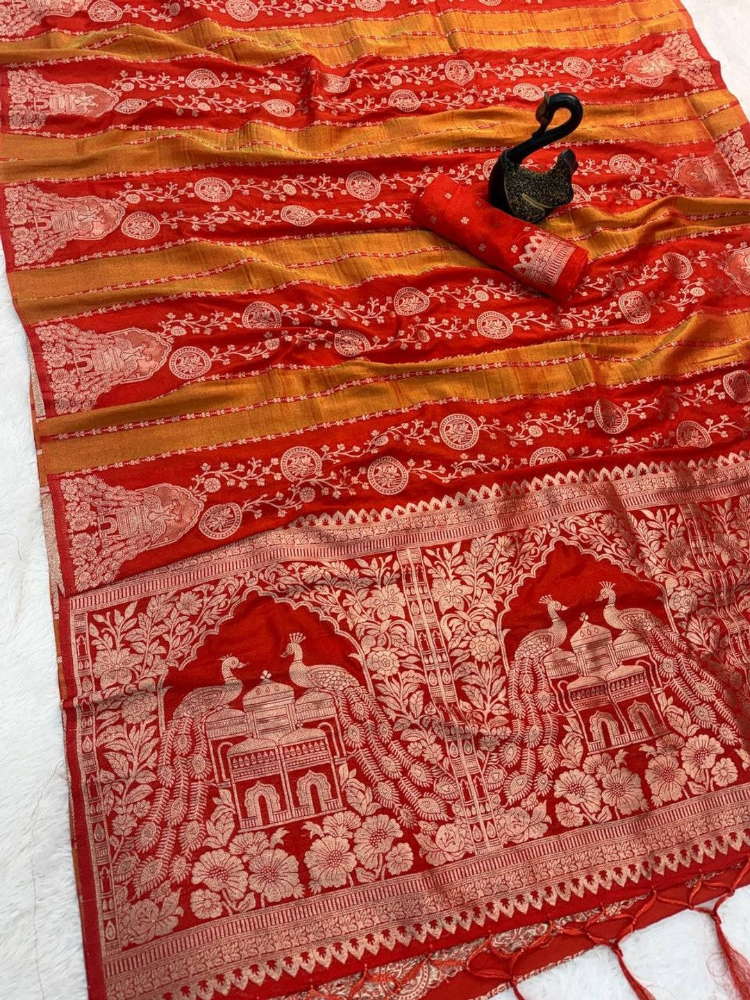 Peachmode Orange Georgette Zari Woven Saree - Image 5