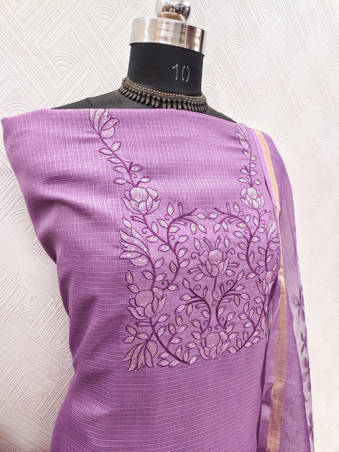 Peachmode Purple Floral Kota Doria Dress Material - Image 3