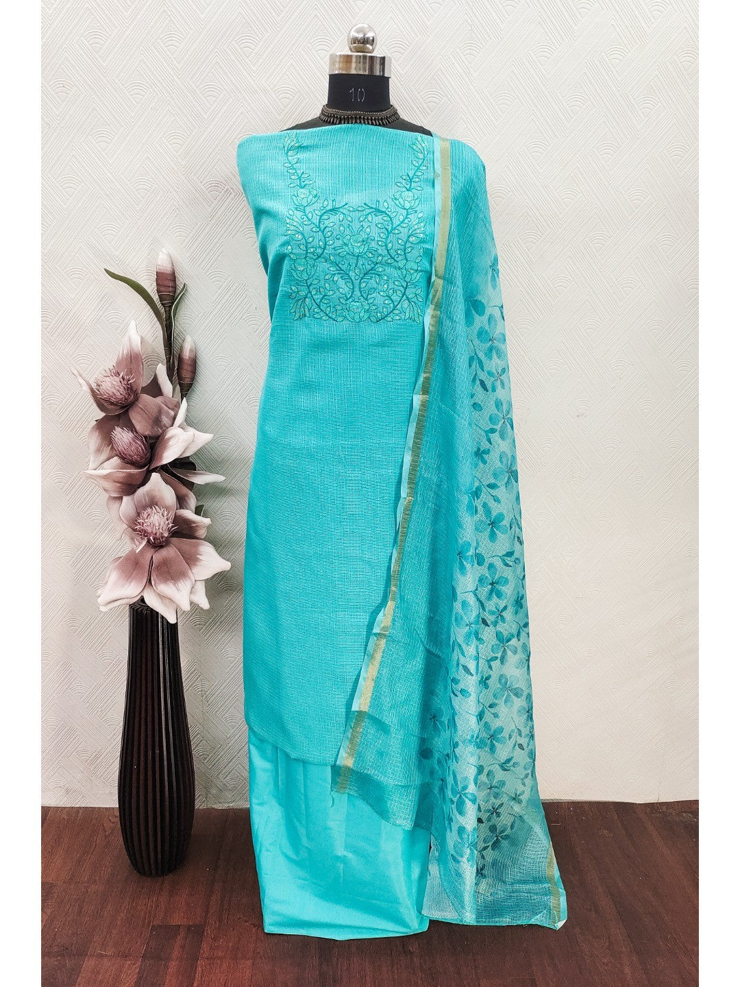 Peachmode Rama Green Floral Kota Doria Dress Material - Image 2