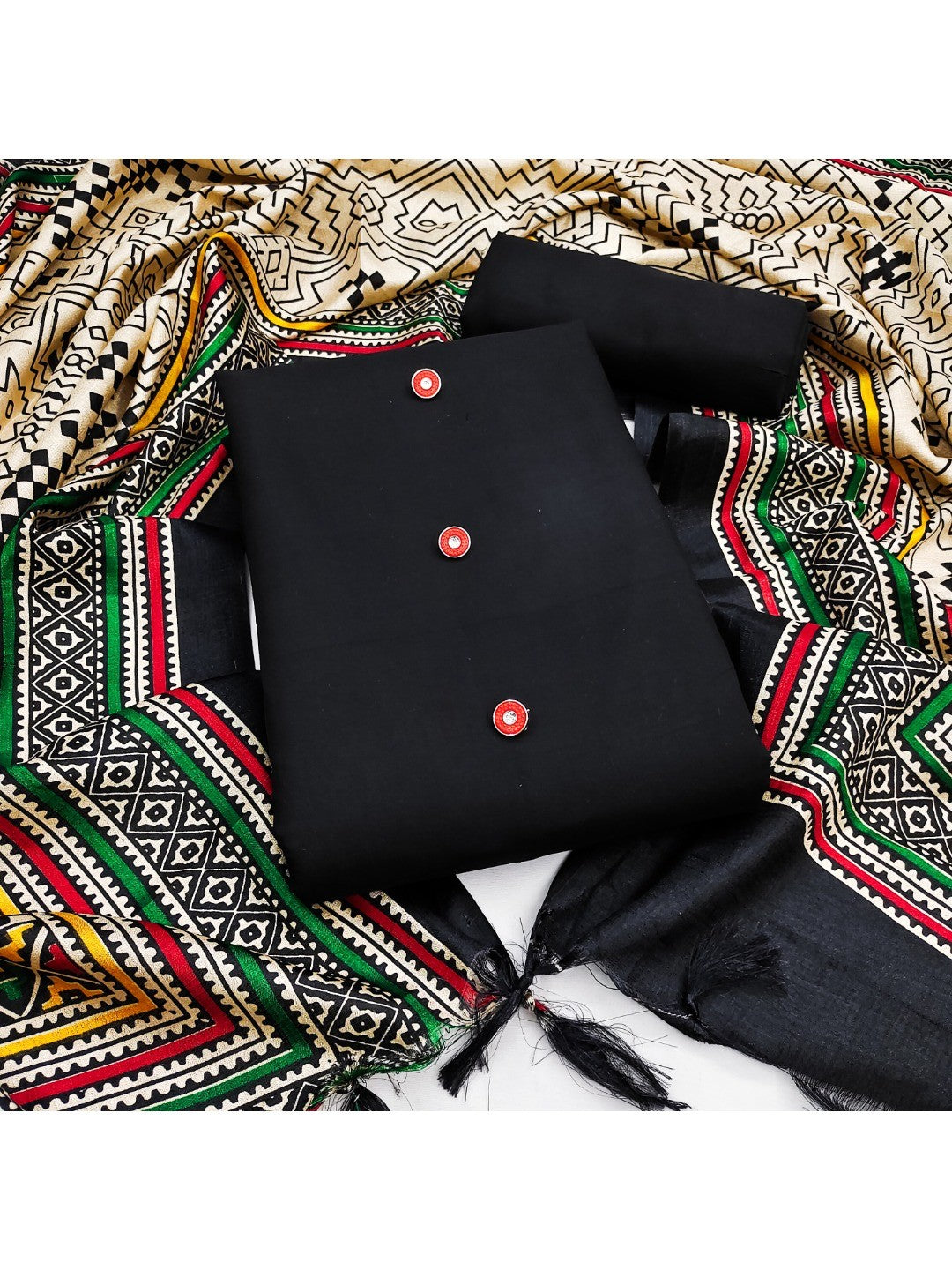 Peachmode Black Chanderi Blend Manipuri Dupatta Dress Material - Image 4