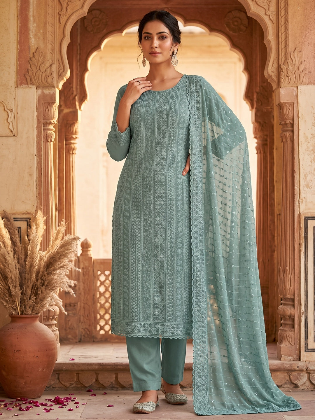 Grey Festive Wear Embroidered Georgette Dress Material - Image 6