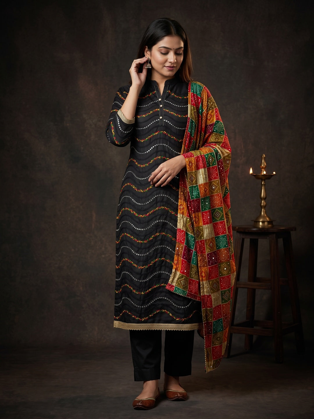 Black Cotton Blend Dress Material With Intricate Thread Embroidery & Paper Mirror Work - Image 1