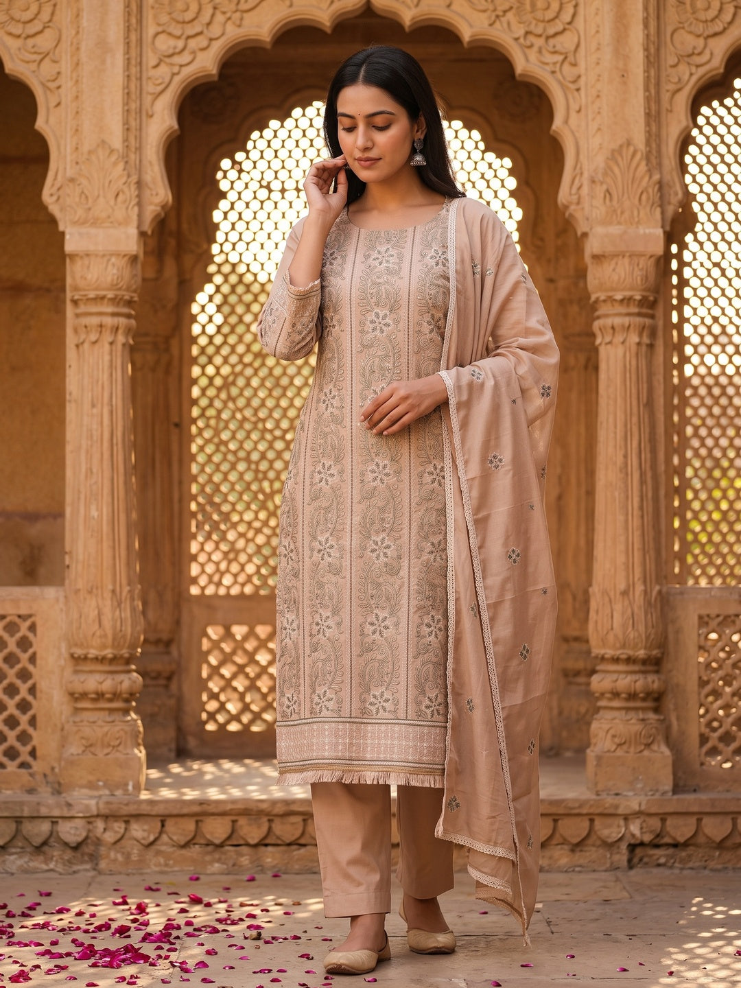 Warm Beige Cotton Blend Dress Material With Intricate Floral Thread Embroidery Work - Image 1
