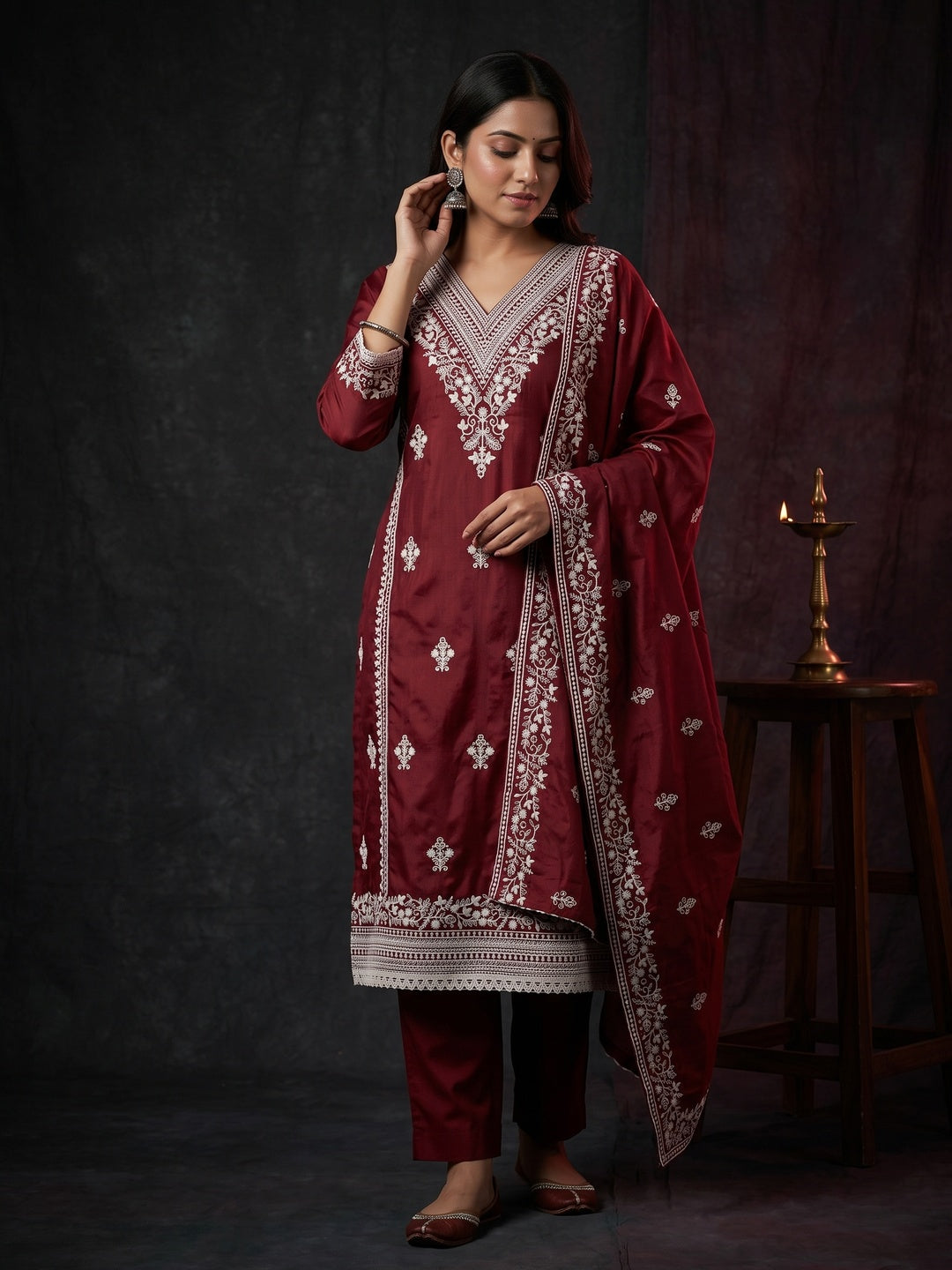 Traditional Maroon Chanderi Silk Suit Fabric with Embroidered Floral Patterns - Image 1
