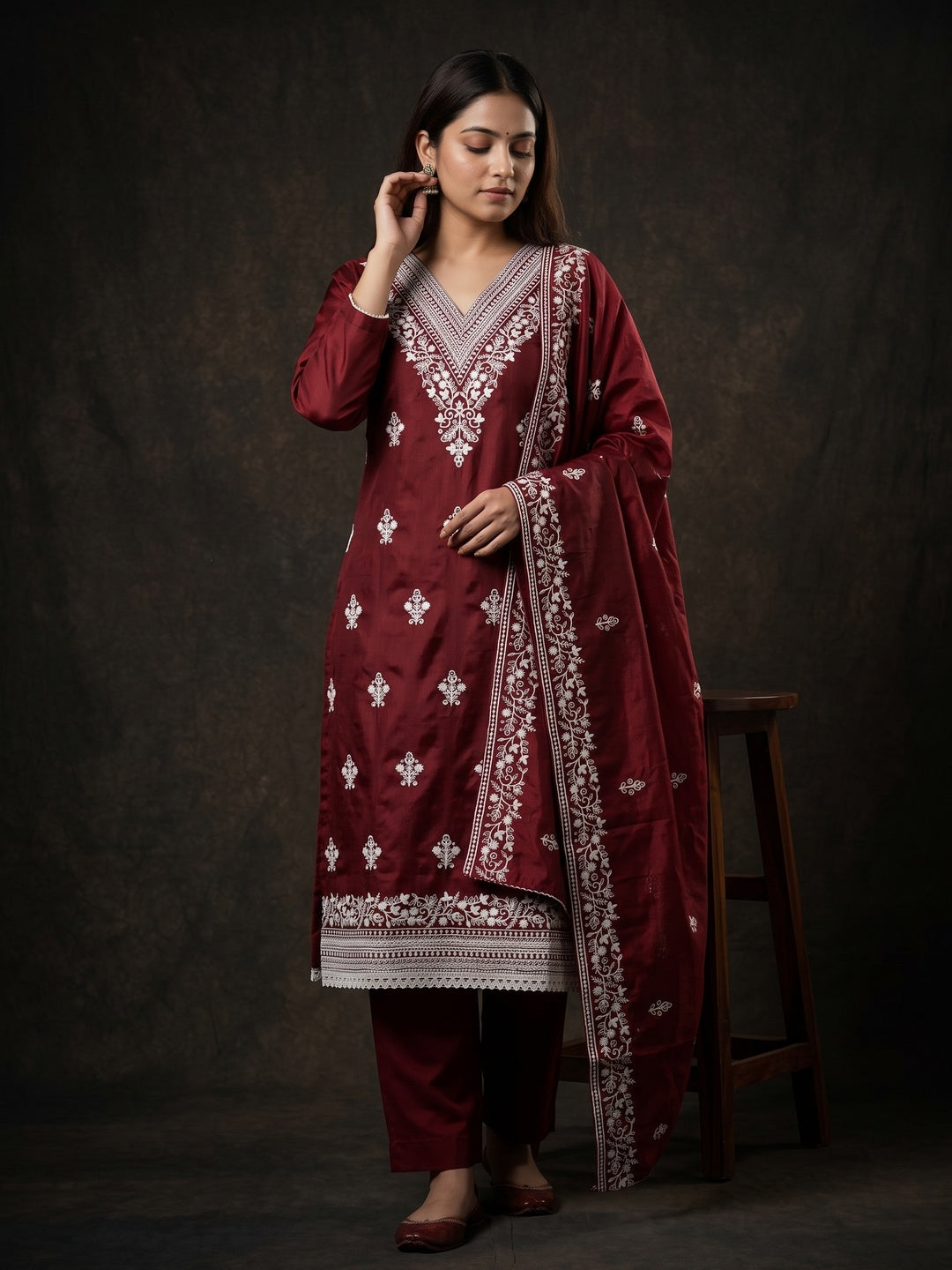 Traditional Maroon Chanderi Silk Suit Fabric with Embroidered Floral Patterns - Image 2