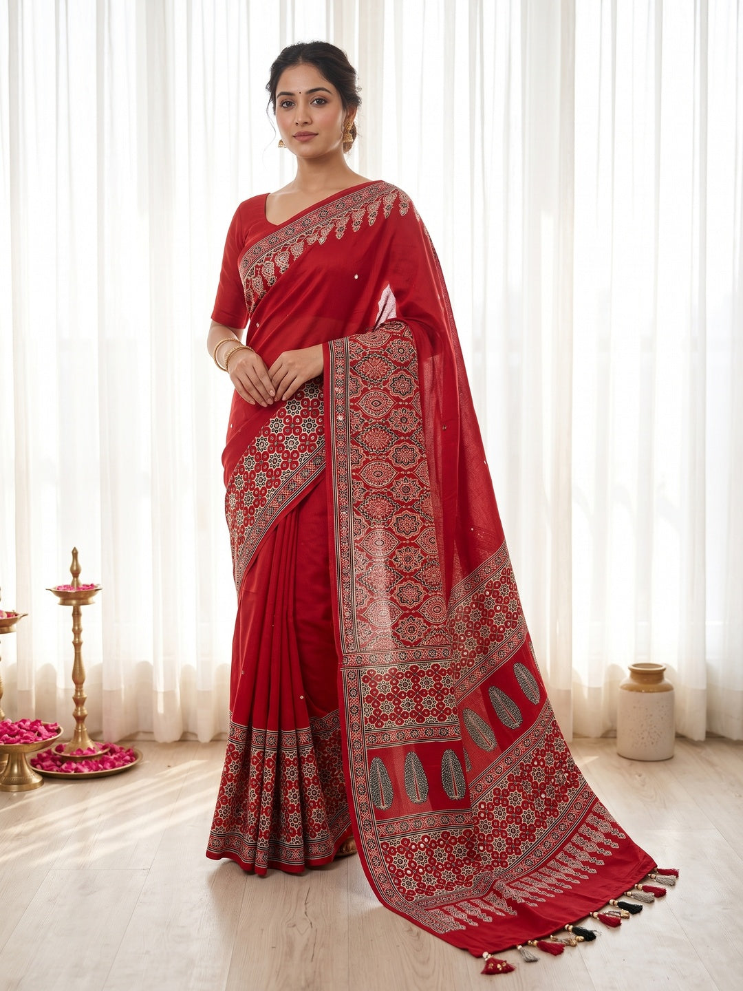 Peachmode Red Ajrakh Mirror Work Saree - Image 1