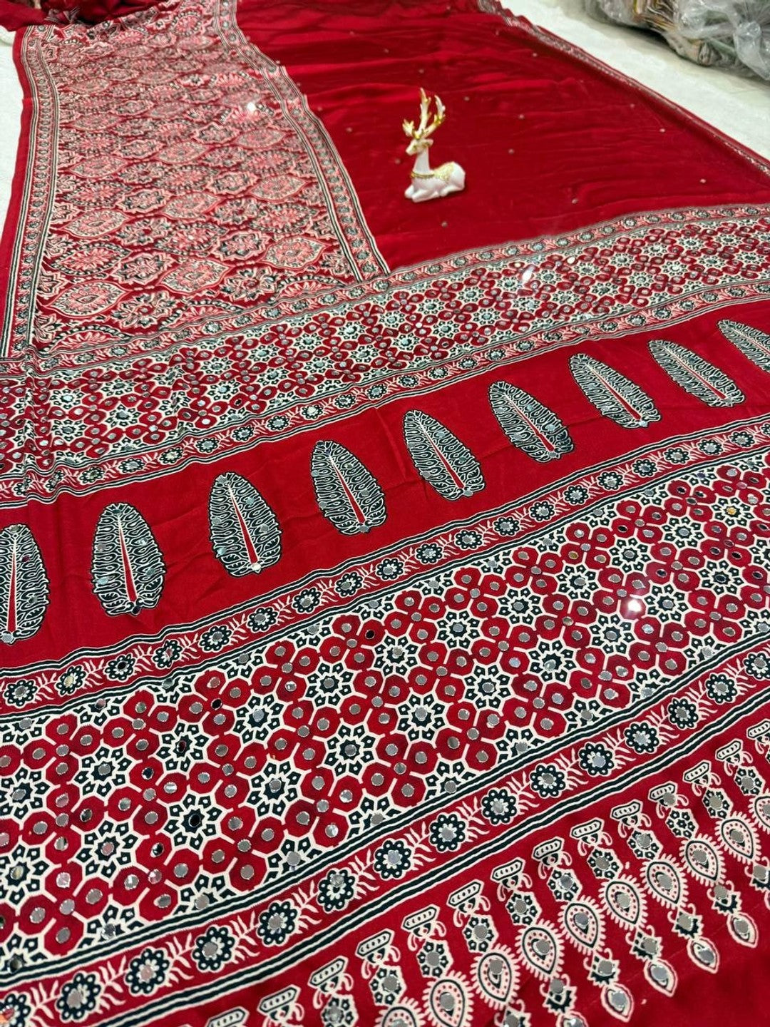 Peachmode Red Ajrakh Mirror Work Saree - Image 2