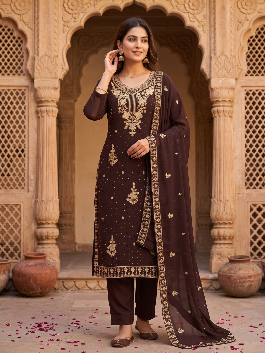 Brown Georgette Dress Material Accented With Delicate Floral Embroidery - Image 1