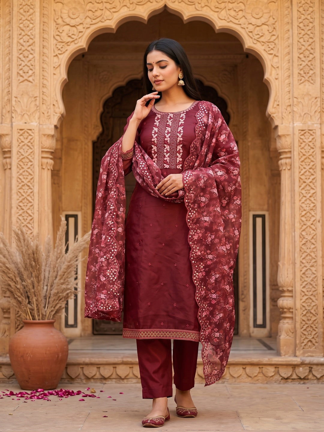 Maroon Organza Dress Material With Glimmering Floral Sequins Embroidery - Image 1