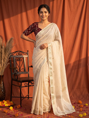 Peachmode Cream Viscose Georgette Sequins Saree - Image 1