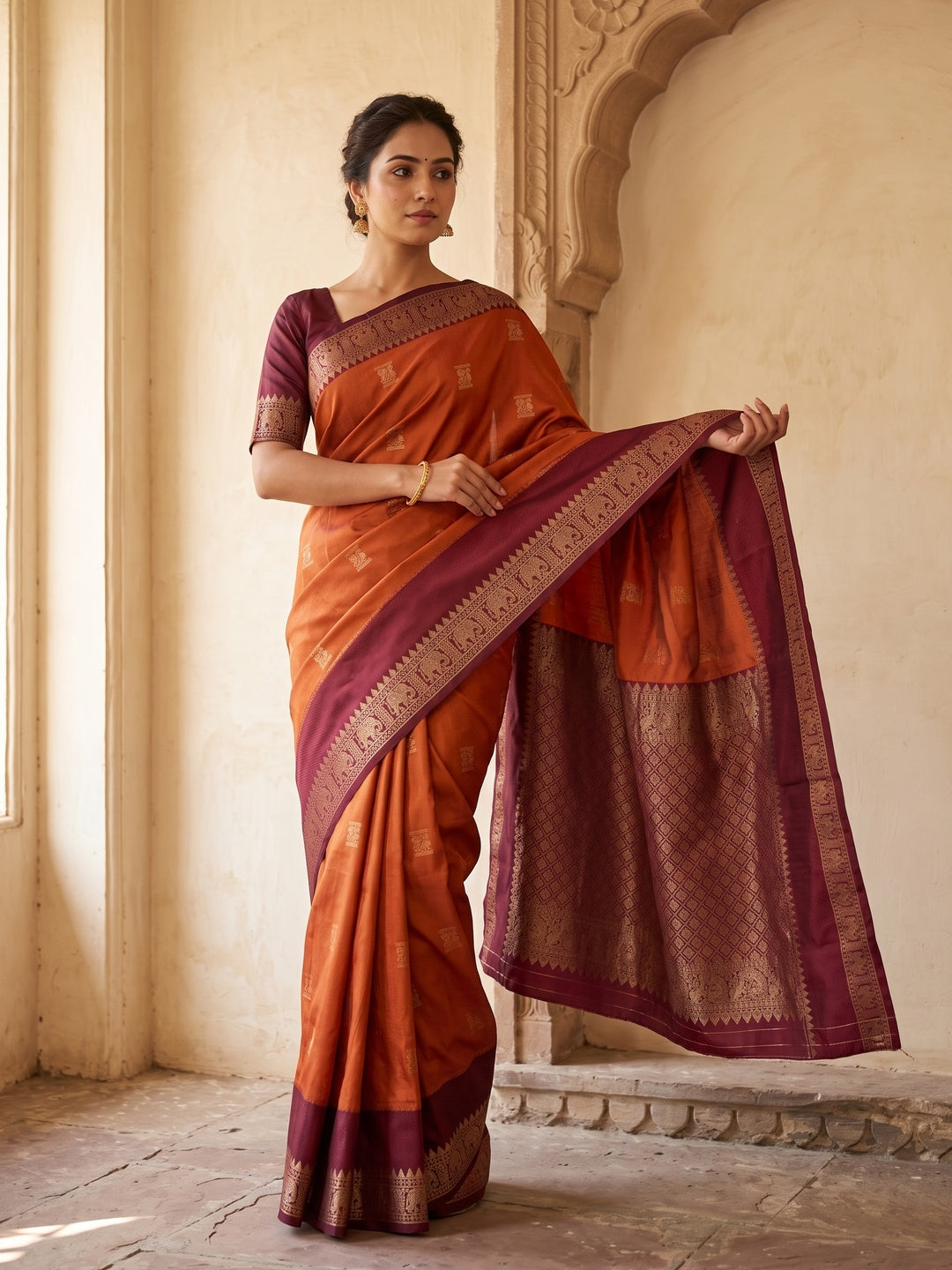 Peachmode Rust Kanjivaram Soft Silk Zari Saree - Image 1