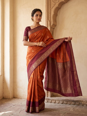 Peachmode Rust Kanjivaram Soft Silk Zari Saree - Image 1