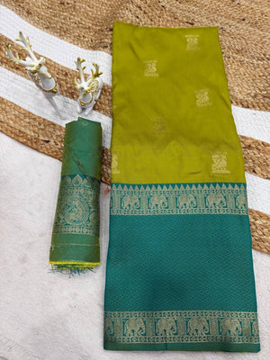 Peachmode Green Kanjivaram Soft Silk Zari Saree - Image 2