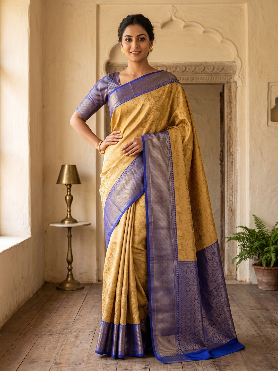 Peachmode Blue Zari Woven Flower Saree - Image 1