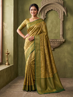 Peachmode Green Zari Woven Flower Saree - Image 1
