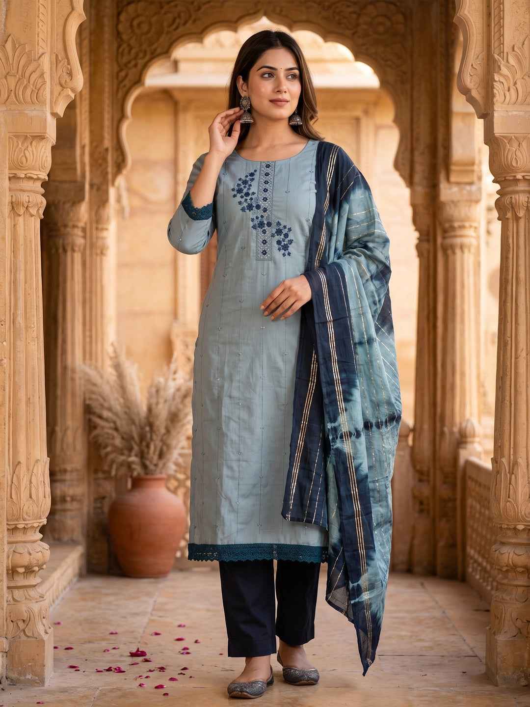 Bluish Grey Cotton Blend Dress Material With Delicate Floral Thread & Sequin Embellishments - Image 1