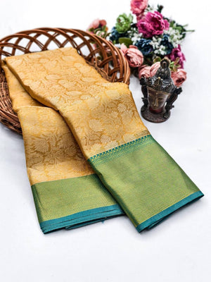 Peachmode Teal Zari Woven Flower Saree - Image 2